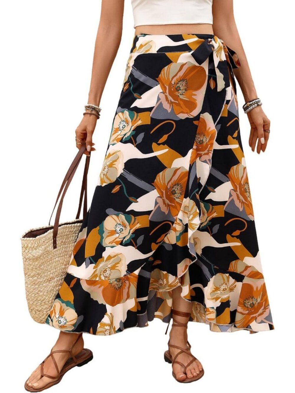 Boho Floral Wrap Maxi Skirt with Ruffle Split Hem & Knotted Belt for Summer